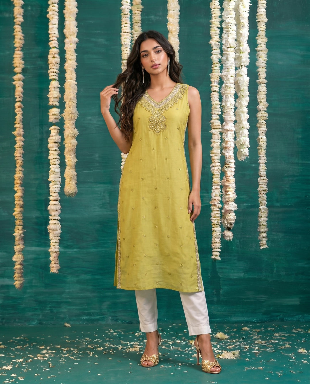 Yellow Embroidered Viscose Blended Straight cut Long Kurta