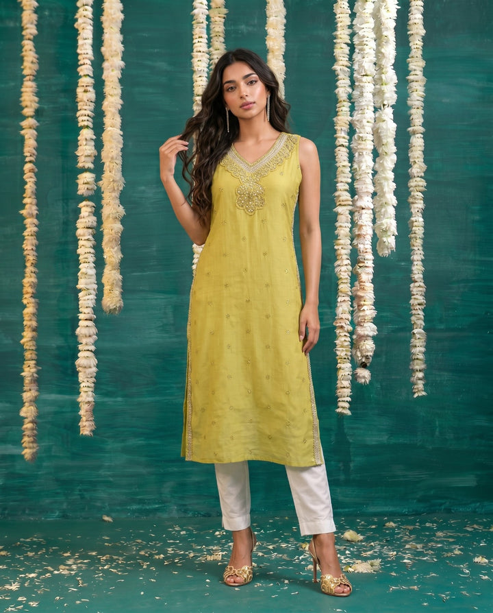 Yellow Embroidered Viscose Blended Straight cut Long Kurta