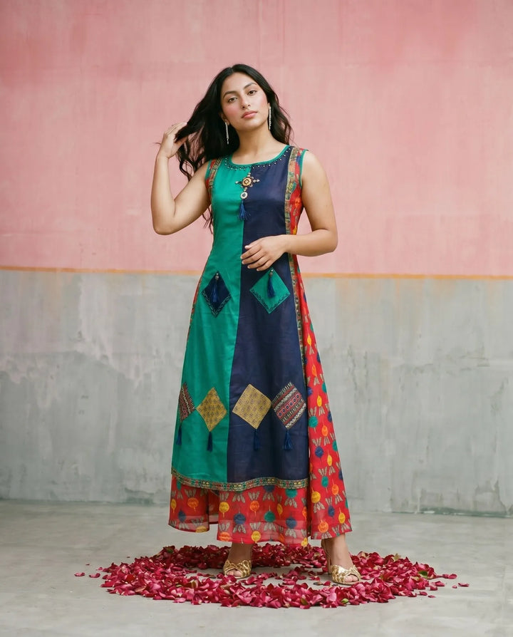 Multi Colour Printed Viscose Blended Sleeveless Maxi Dress