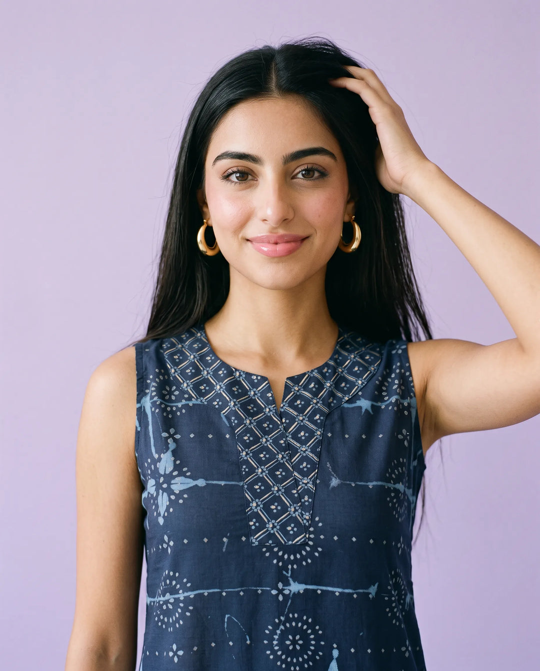 Navy Printed Cotton Midi Dress