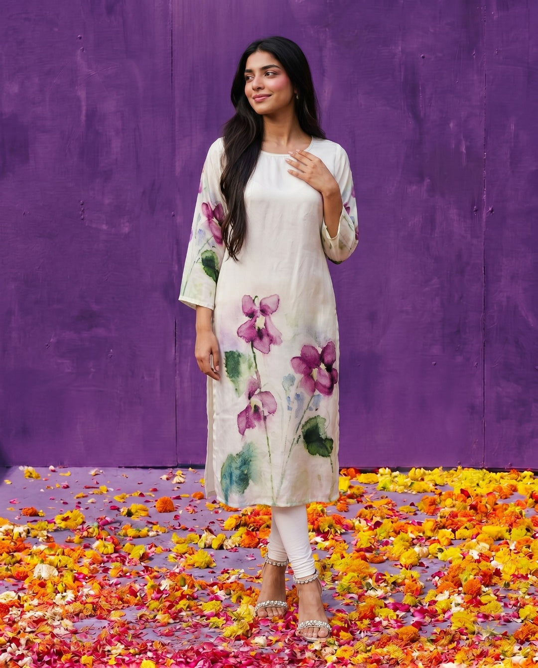 Multi Colour Printed Crepe Silk Straight cut Long Kurta