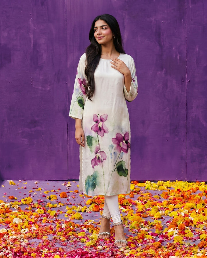 Multi Colour Printed Crepe Silk Straight cut Long Kurta
