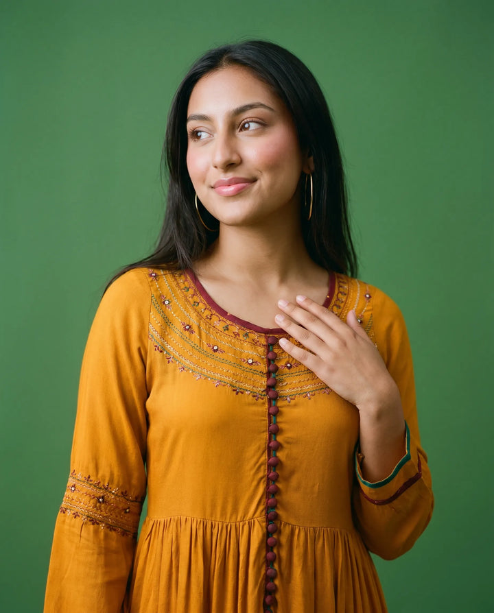 Mustard Embriodered Cotton Maxi Dress