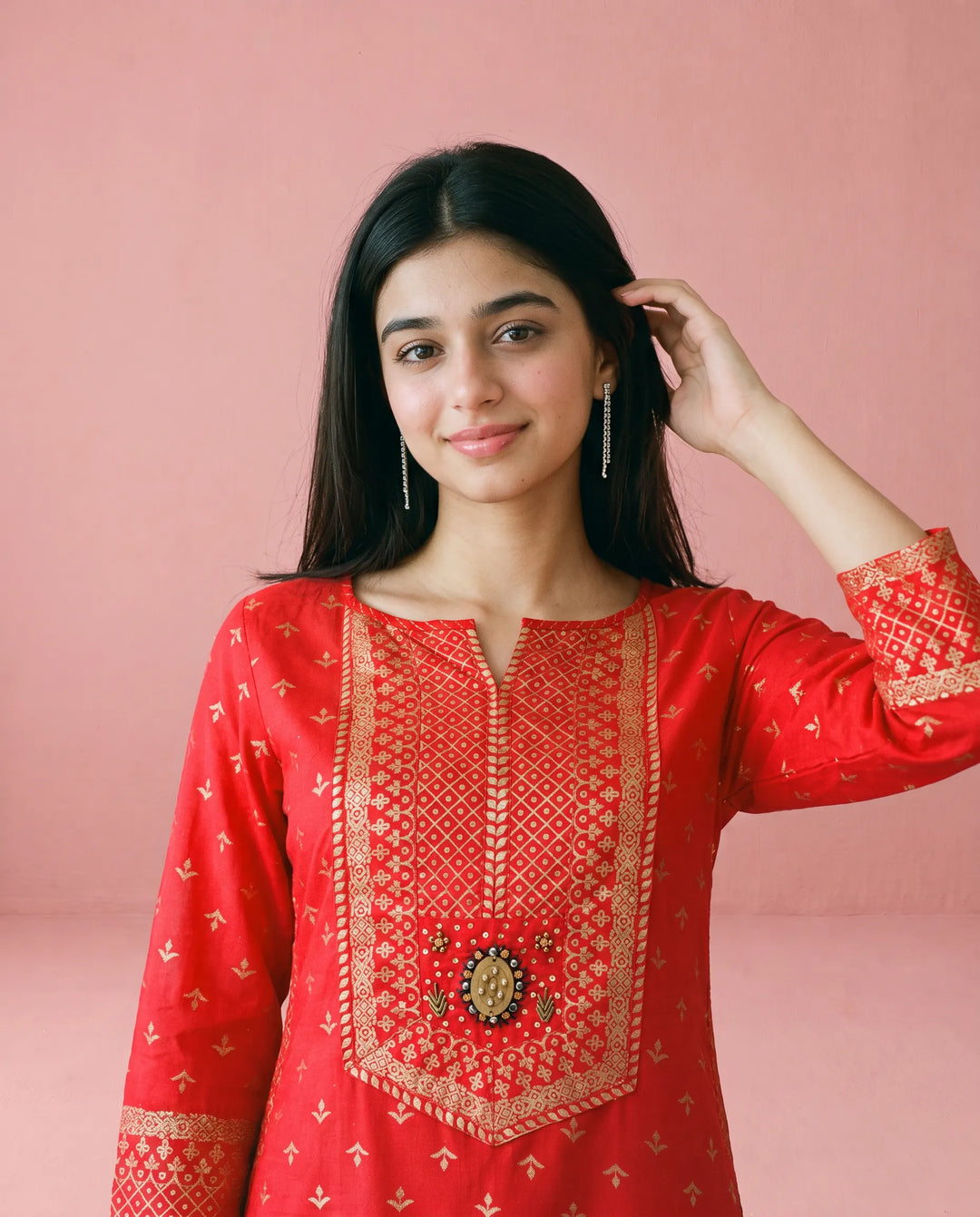 Red Printed Cotton Straight cut Long Kurta