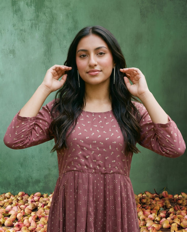 Peach Printed Georgette Maxi Dress
