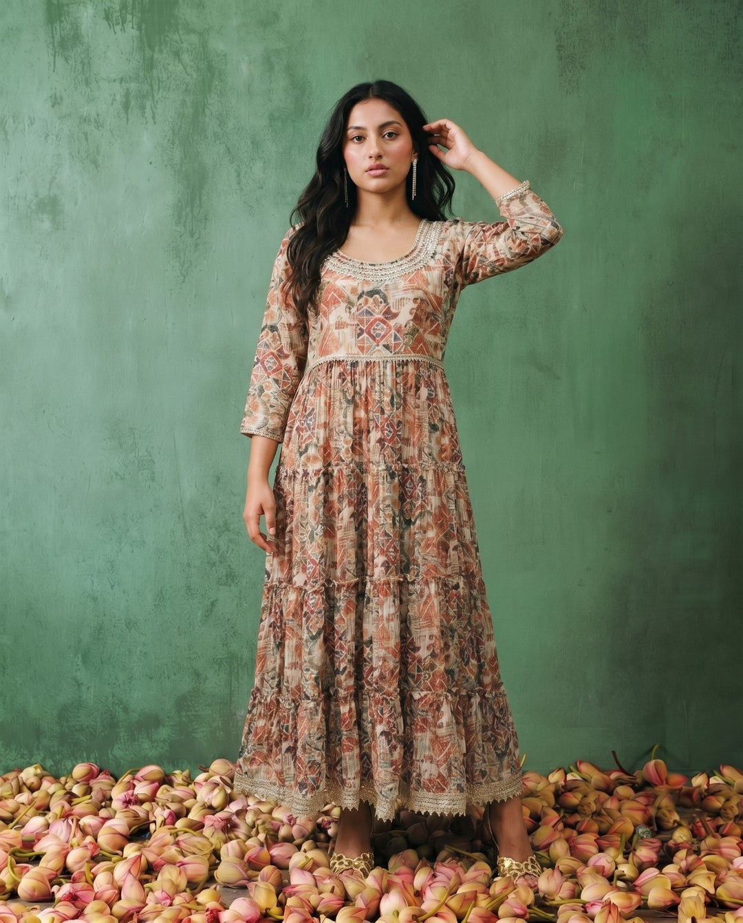 Multi-Colour Printed Silk Blended Maxi Dress