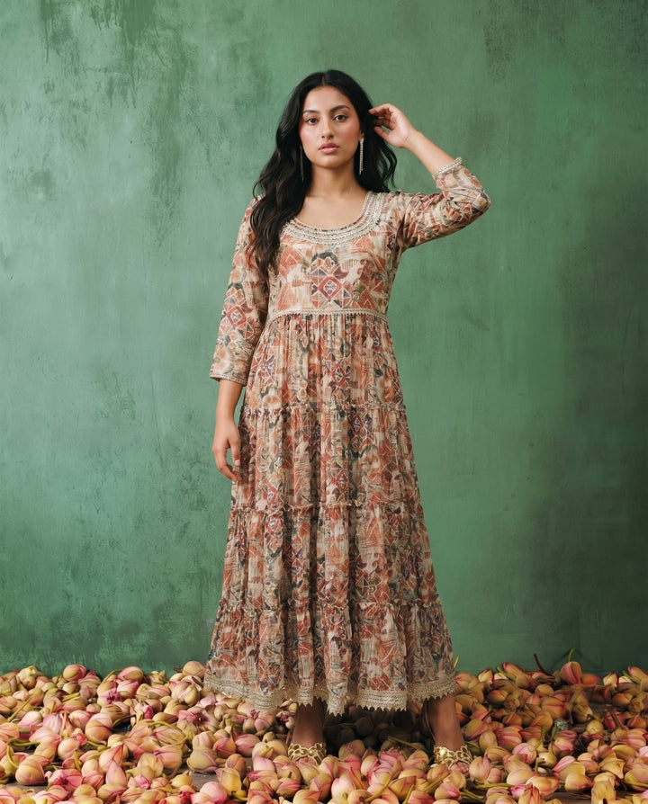 Multi-Colour Printed Silk Blended Maxi Dress