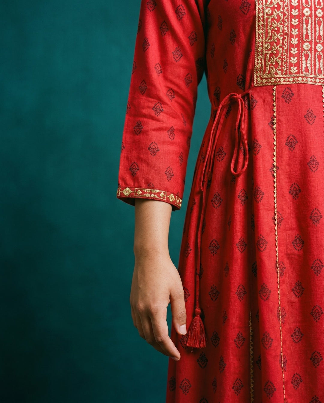 Red Embriodered Rayon Maxi Dress
