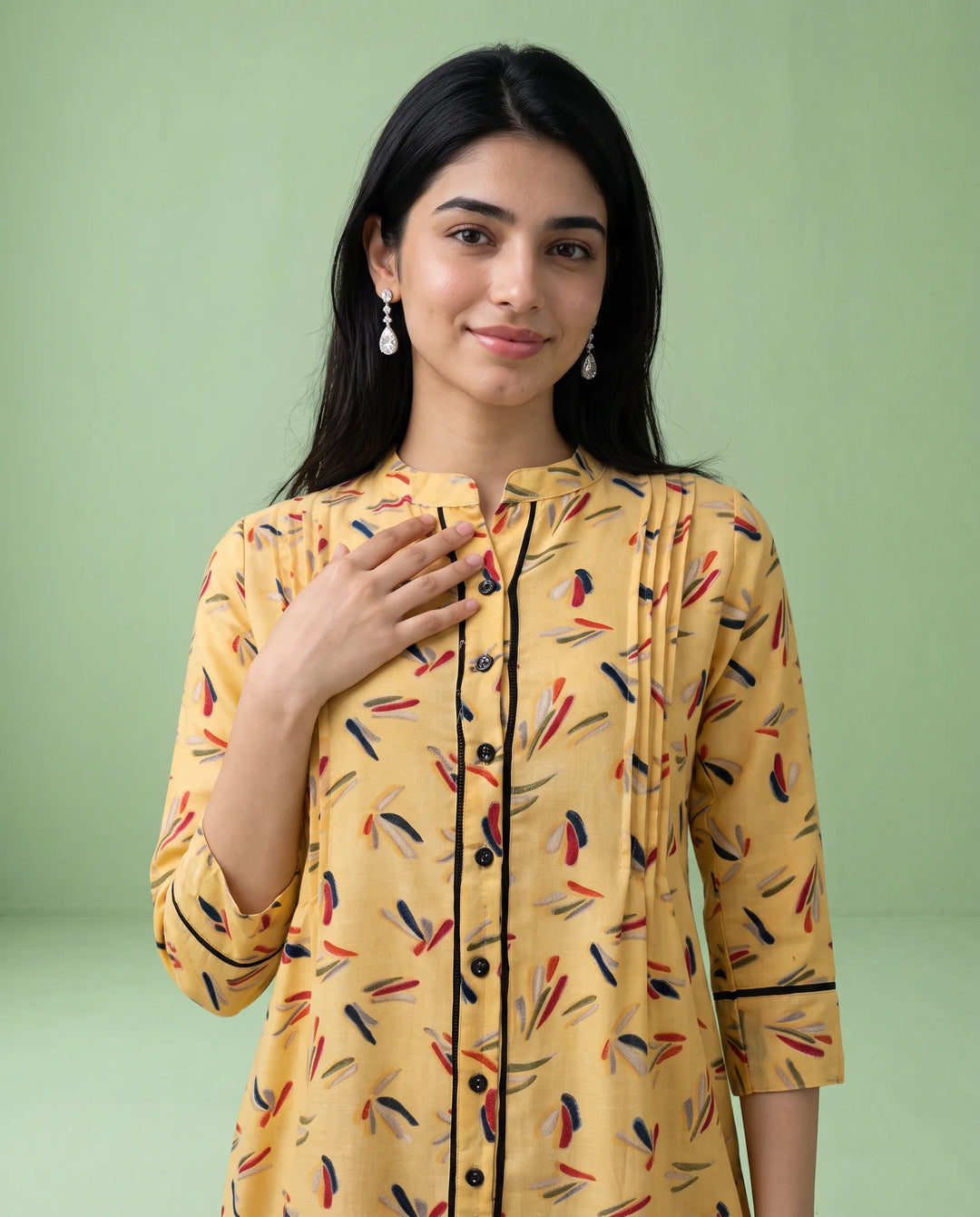 Yellow Printed Cotton Straight cut Long Kurta