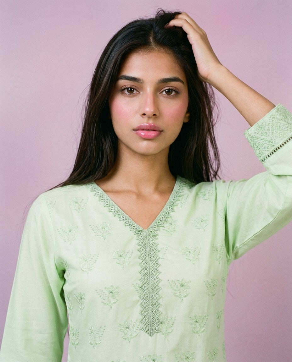 Lime Green Embriodered Cotton Short Kurti