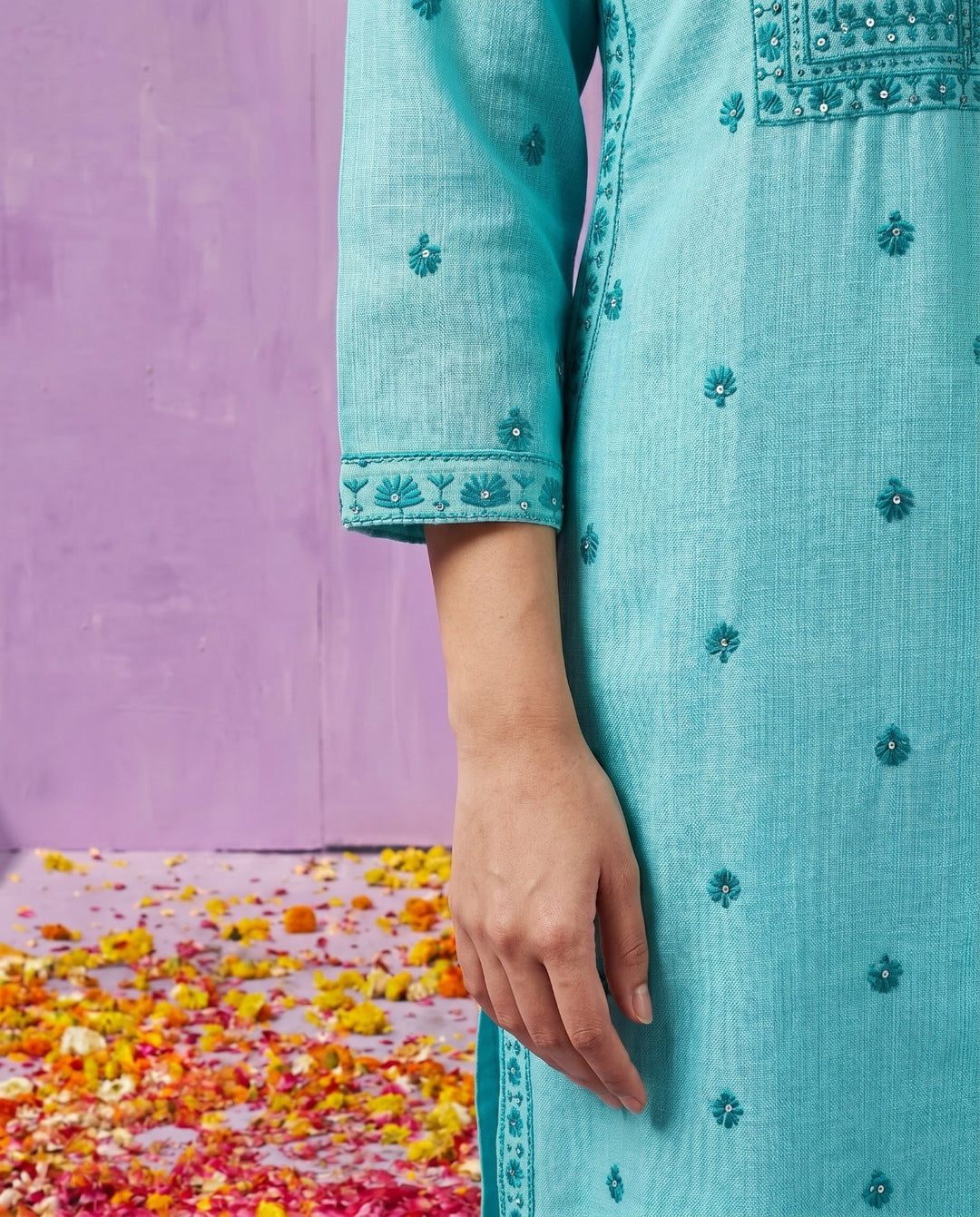 Sky Blue Embroidered Viscose Blended Straight cut Long Kurta