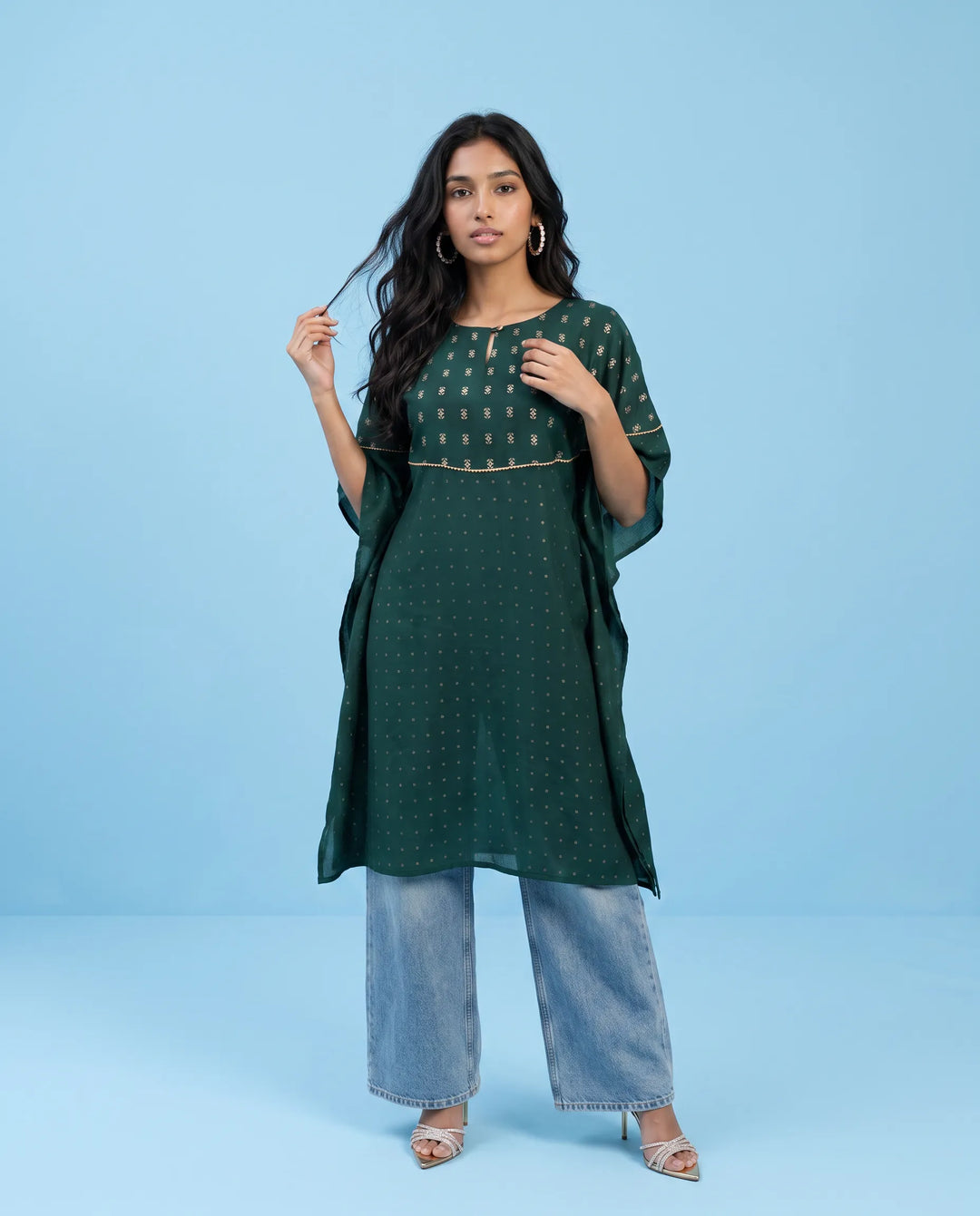 Green Printed Viscose Blended Kaftan