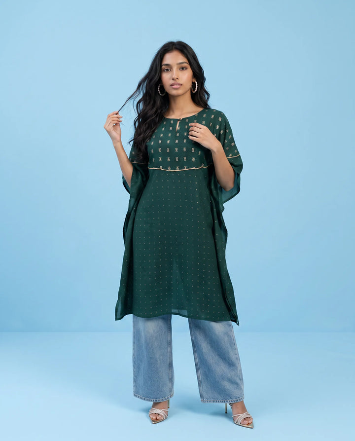 Green Printed Viscose Blended Kaftan