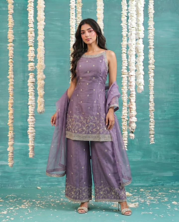Purple Embriodered Silk Blended Spaghetti Strap Kurta Bottom Dupatta Set