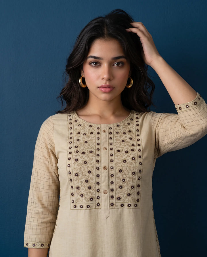 Beige Embroidered Cotton Straight cut Long Kurta