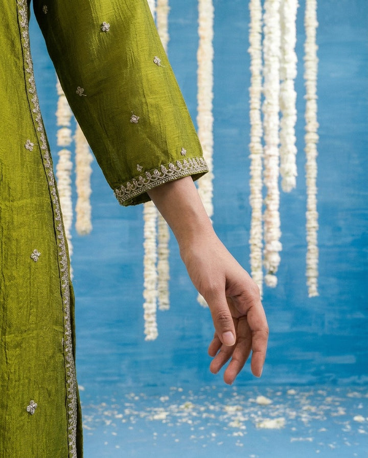 Olive Embriodered Silk Blended Kurta Bottom Dupatta Set