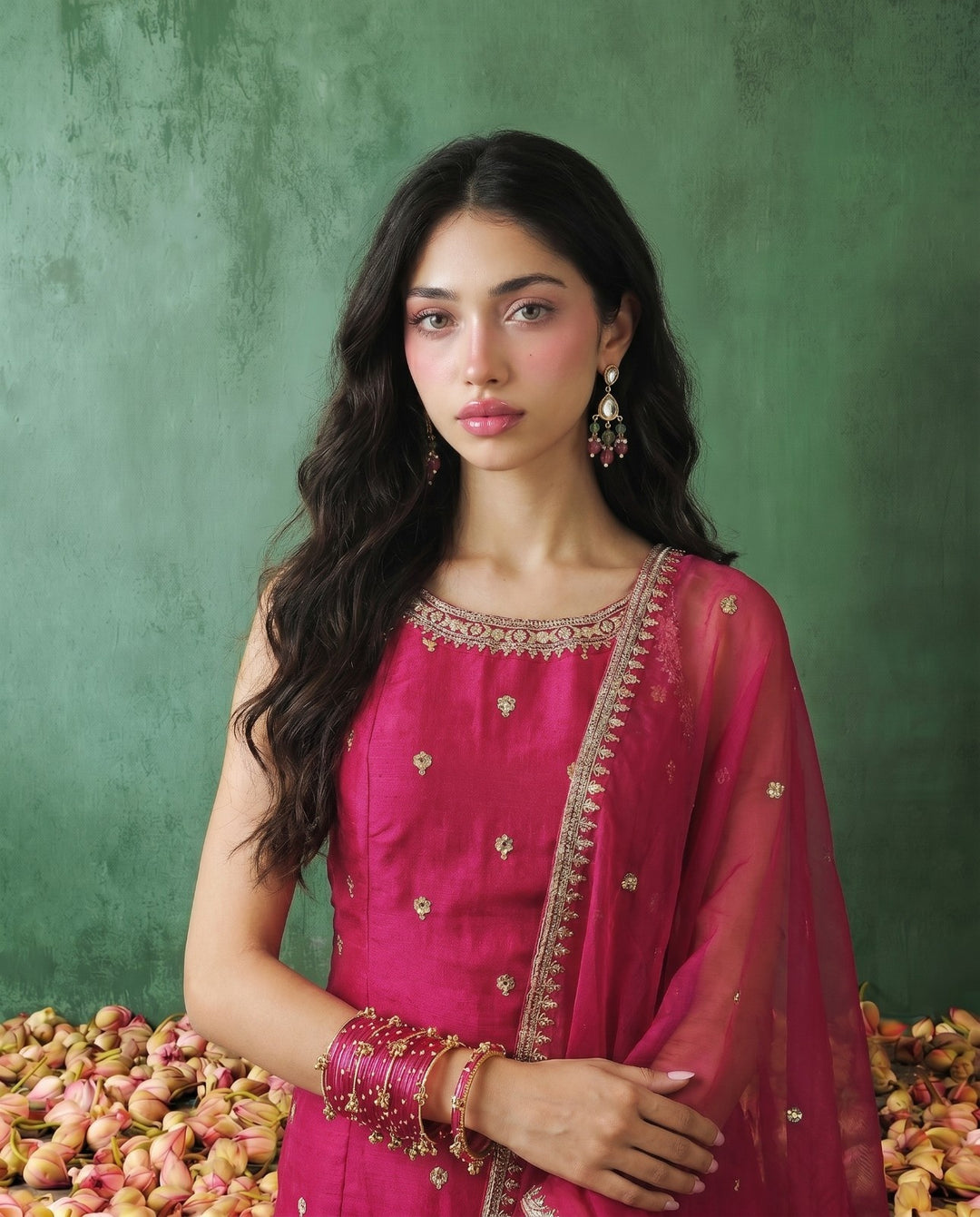Magenta Embriodered Silk Blended Spaghetti Strap Kurta Bottom Dupatta Set