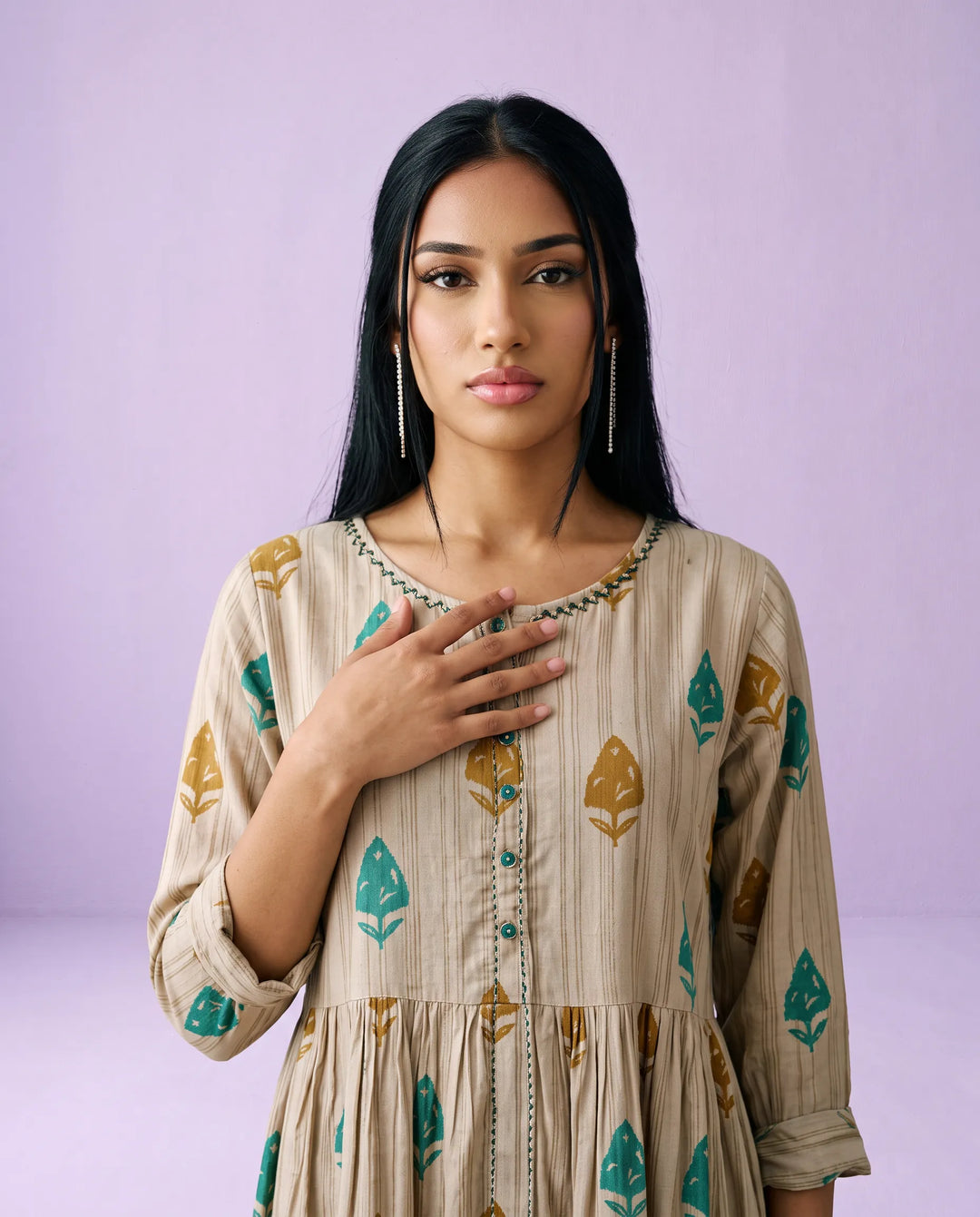Beige Printed Cotton Maxi Dress