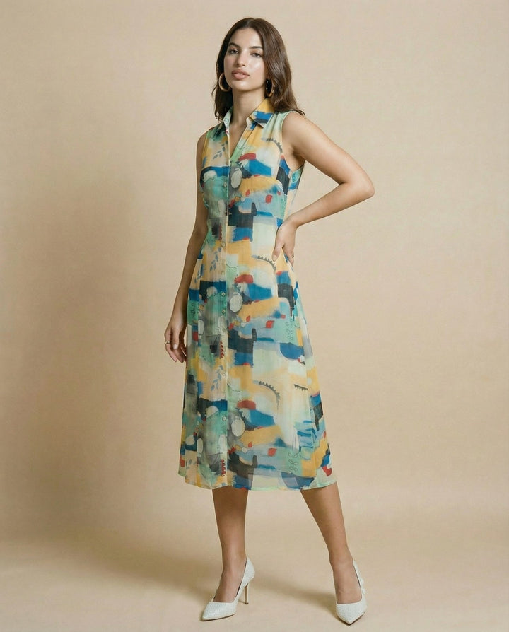 Multi-colour Printed Cotton Blended Midi Dress