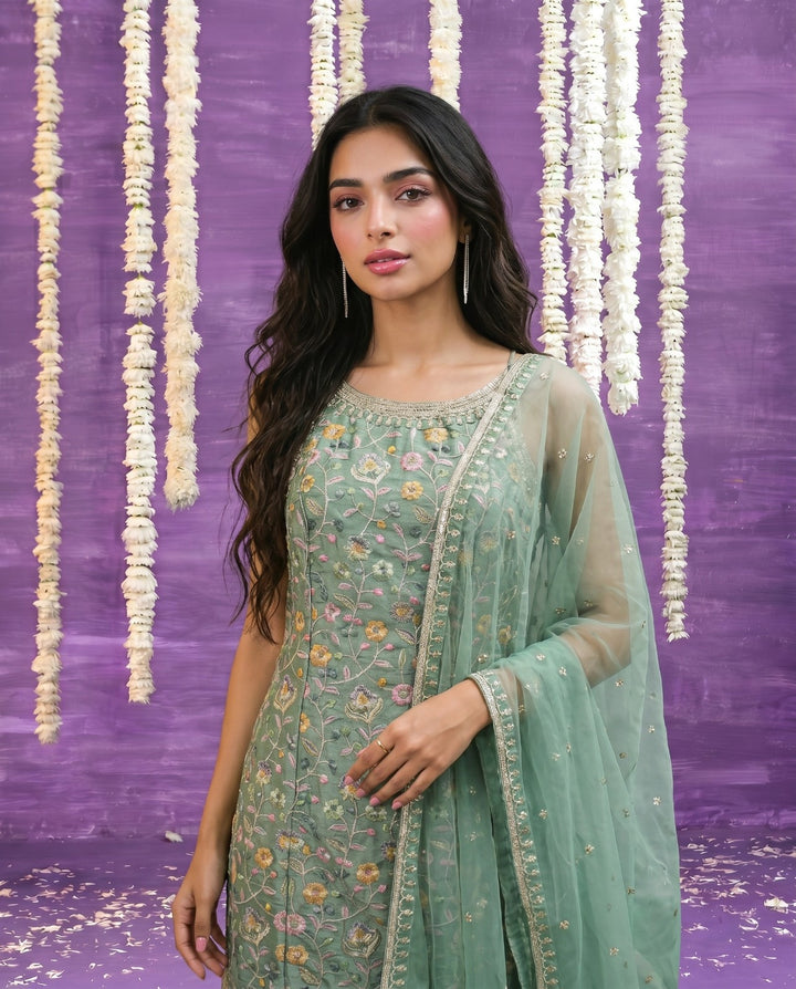 Sea Green Embriodered Silk Blended Spaghetti Strap Kurta Bottom Dupatta Set