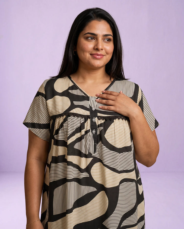 Black Printed Super Soft Rayon Night Dress / Home Wear