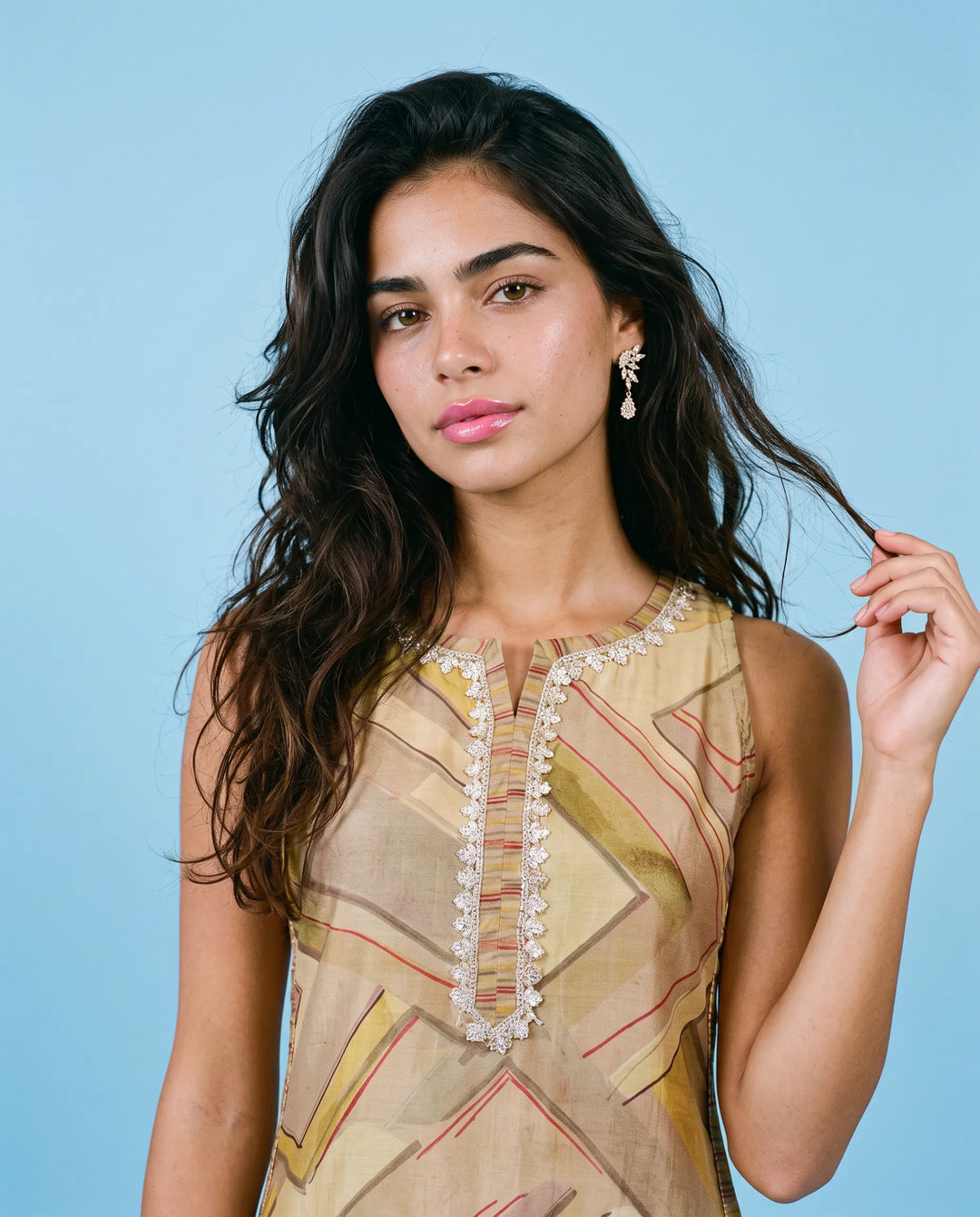 Beige Viscose Blended Sleeveless Straight cut Long Kurta