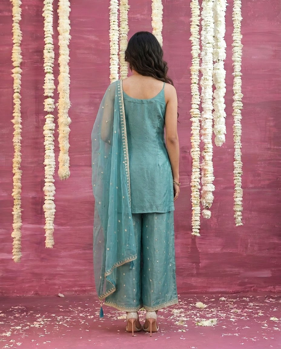 Turquoise Embriodered Silk Blended Spaghetti Strap Kurta Bottom Dupatta Set