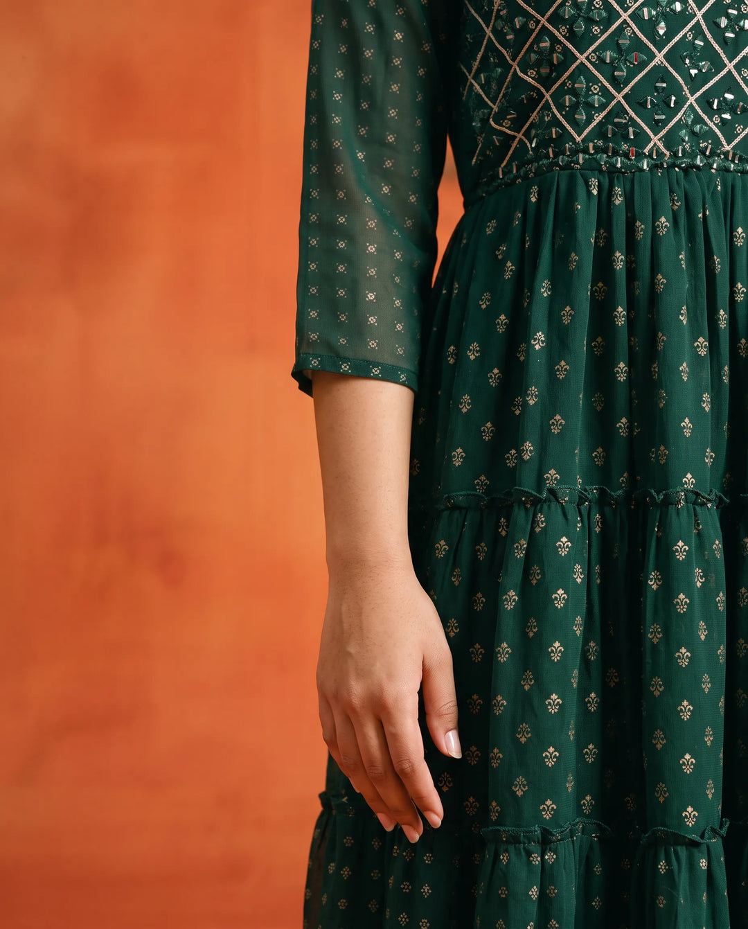 Bottle Green Embriodered Georgette Maxi Dress