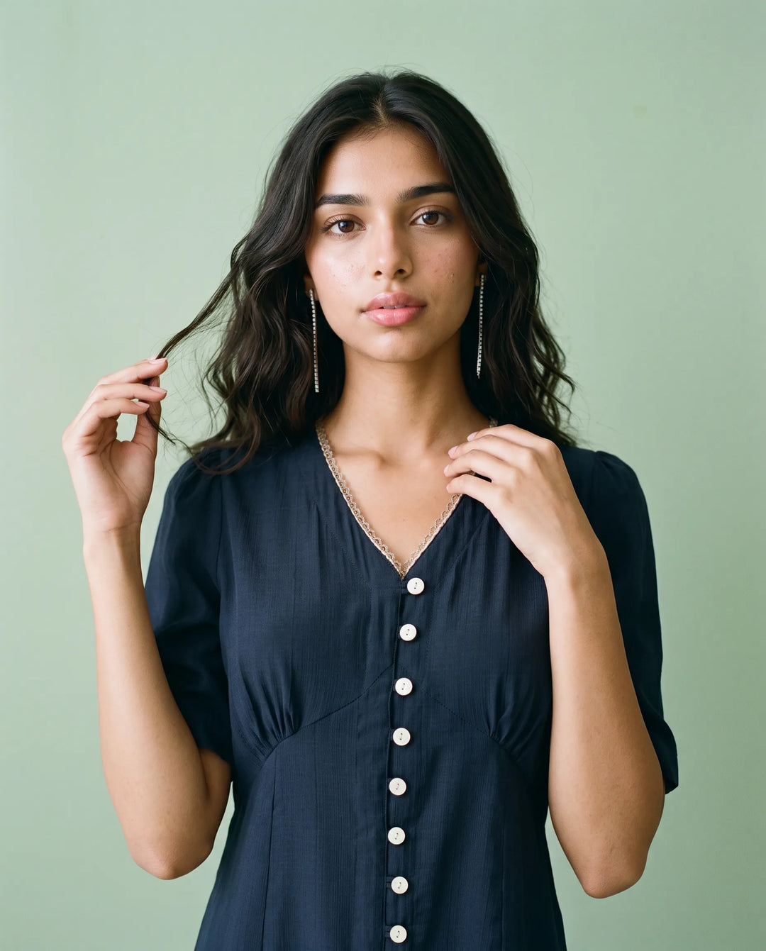 Navy Solid Viscose Blended Midi Dress
