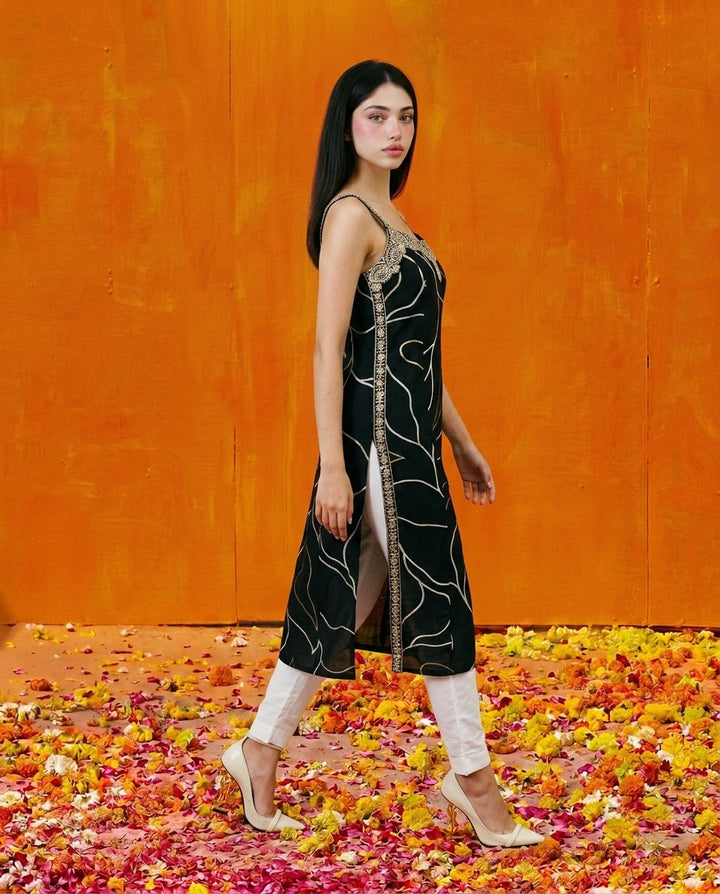 Black Embroidered Viscose Blended Spaghetti Strap Straight Cut Long Kurta