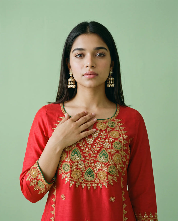 Red Embroidered Viscose Blended Straight cut Long Kurta