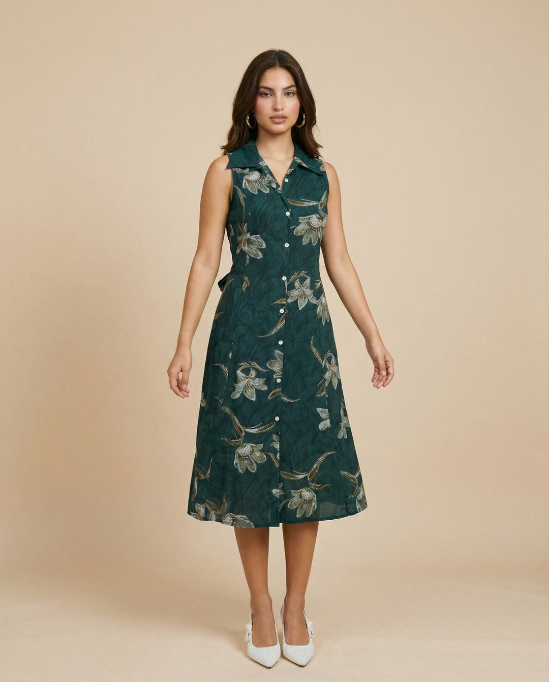 Green Printed Rayon Midi Dress