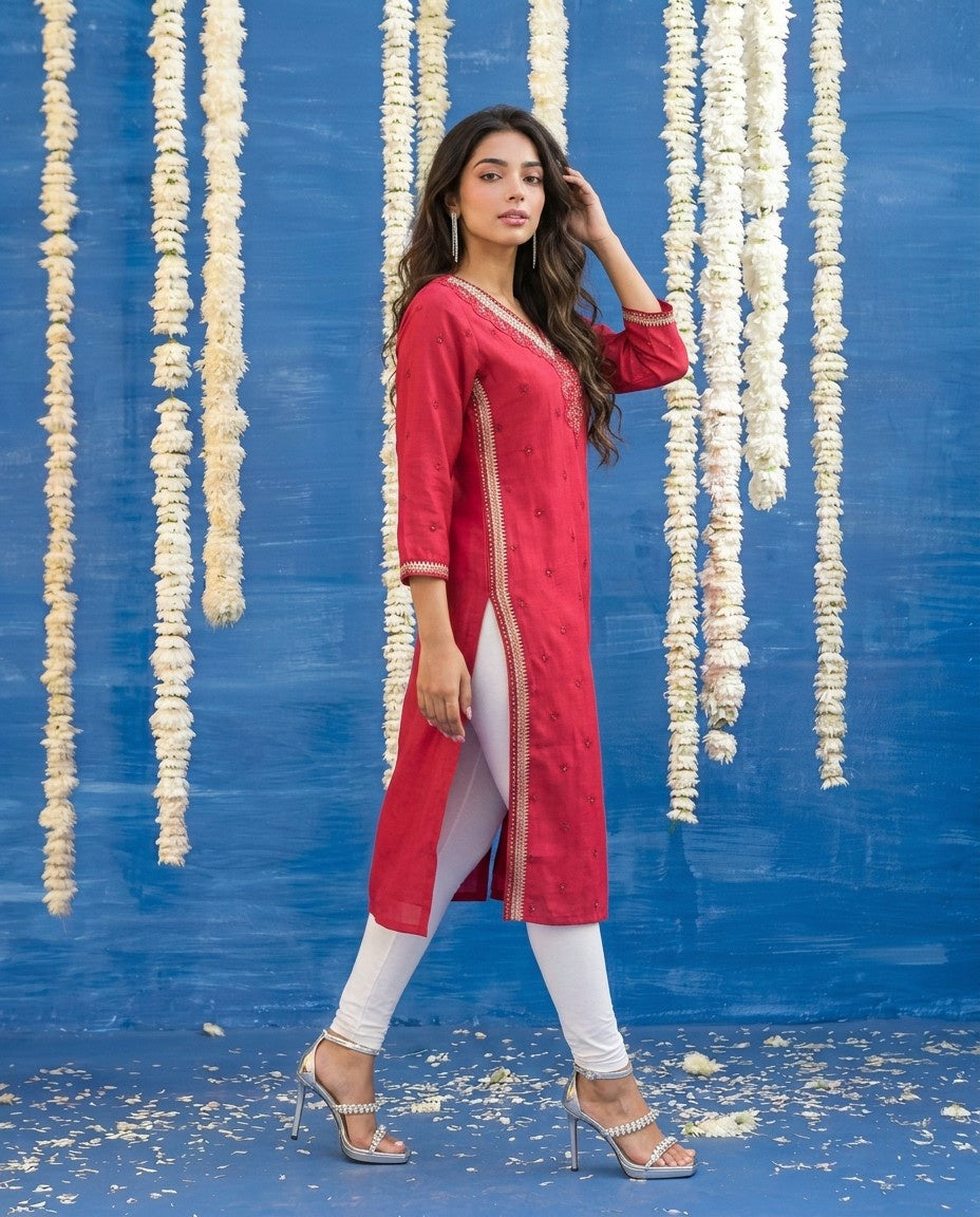 Magenta Embroidered Viscose Blended Straight cut Long Kurta