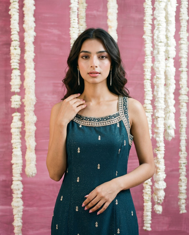 Teal Blue Embroidered Viscose Blended Sleeveless Straight cut Long Kurta
