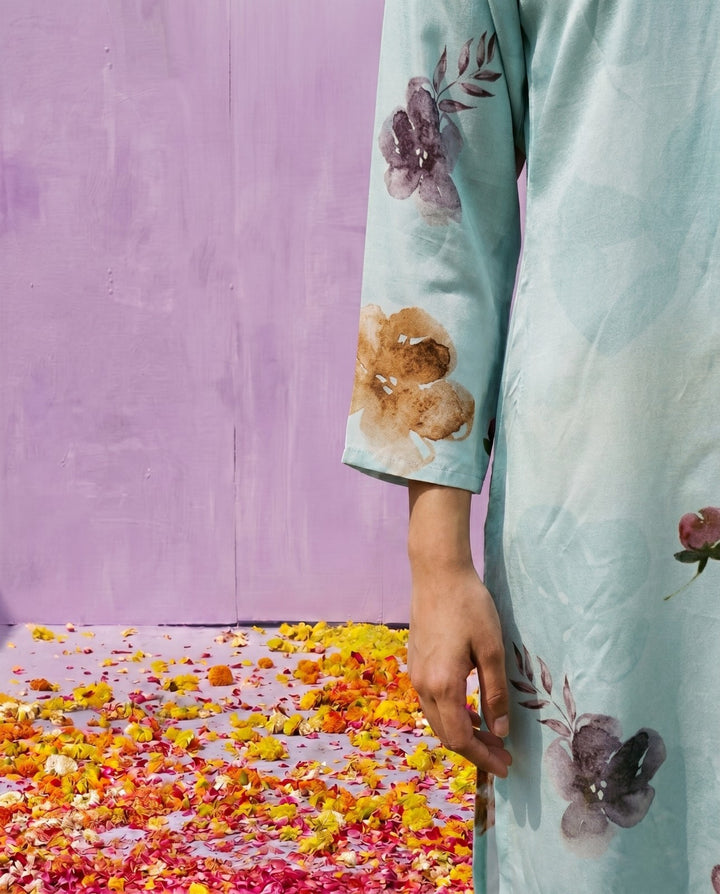 Sea Green Printed Crepe Silk Straight cut Long Kurta