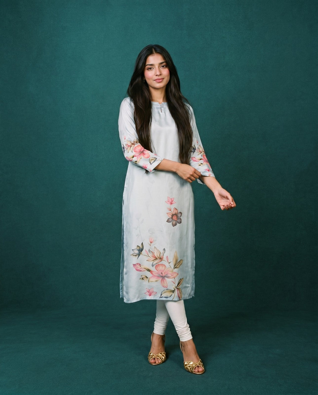 Grey Printed Crepe Silk Straight cut Long Kurta