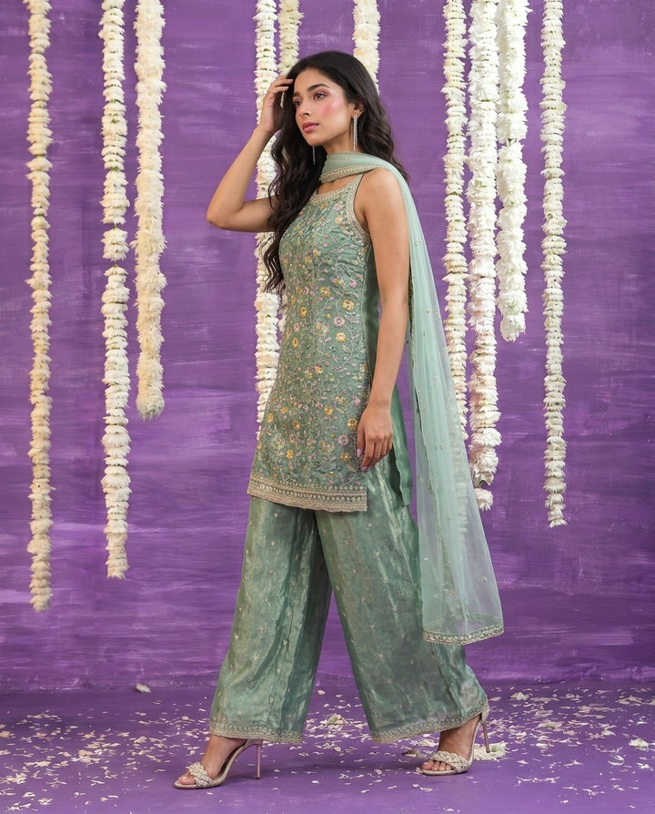 Sea Green Embriodered Silk Blended Spaghetti Strap Kurta Bottom Dupatta Set