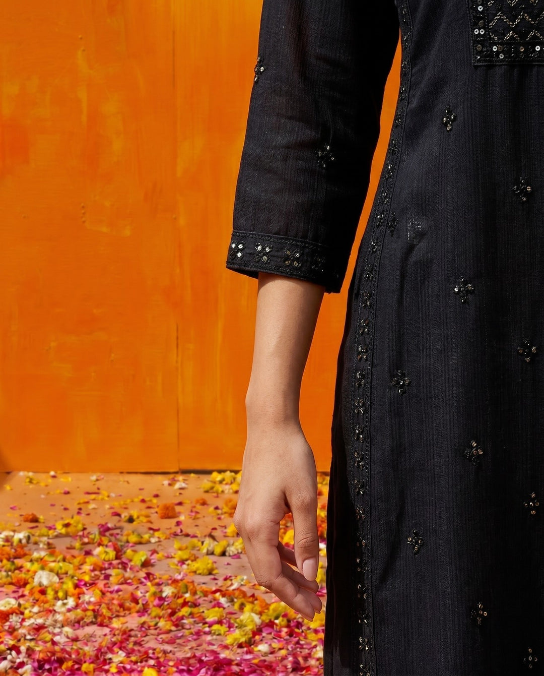 Black Embroidered Viscose Blended Straight cut Long Kurta