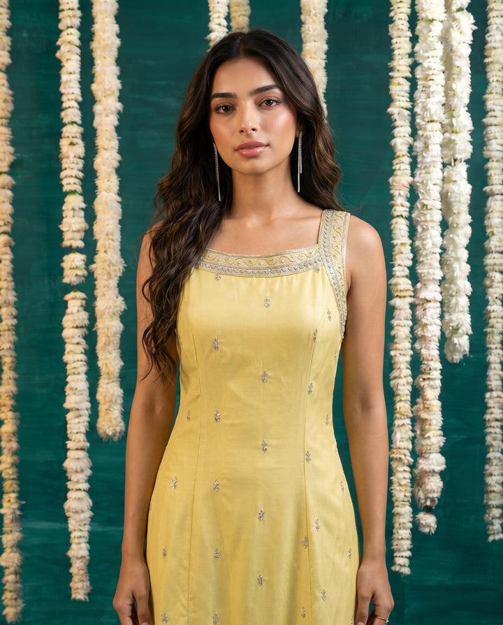 Yellow Embroidered Viscose Blended  Sleeveless Straight cut Long Kurta