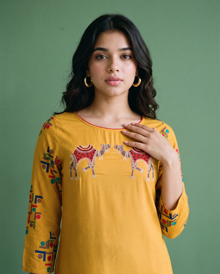 Yellow Embroidered Rayon Straight cut Long Kurta