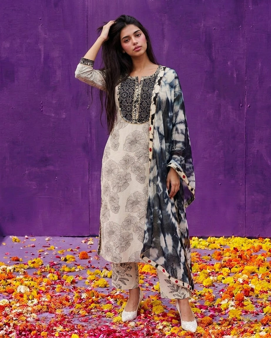 White Printed Cotton Kurta Bottom Dupatta Set