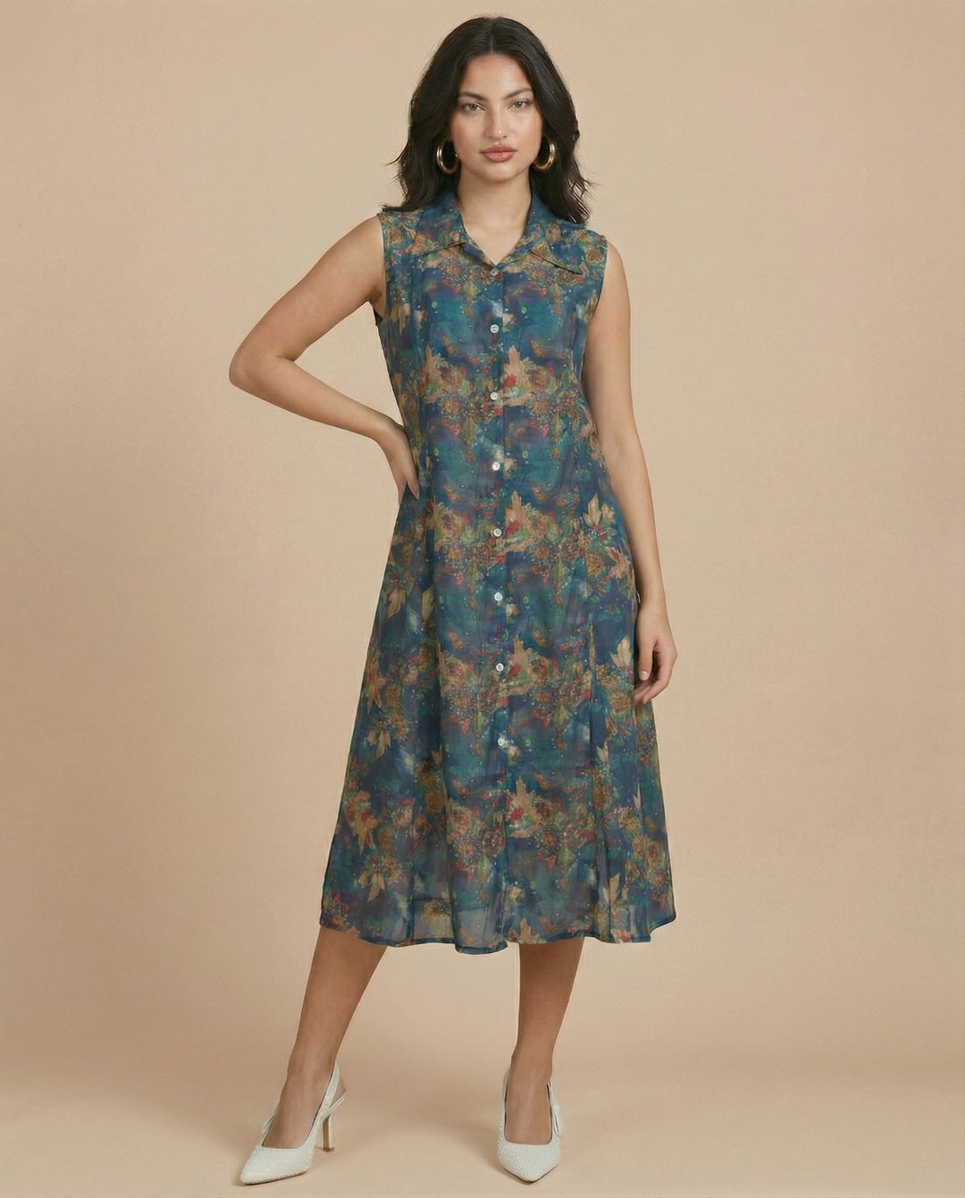 Blue Printed Viscose Blended Midi Dress
