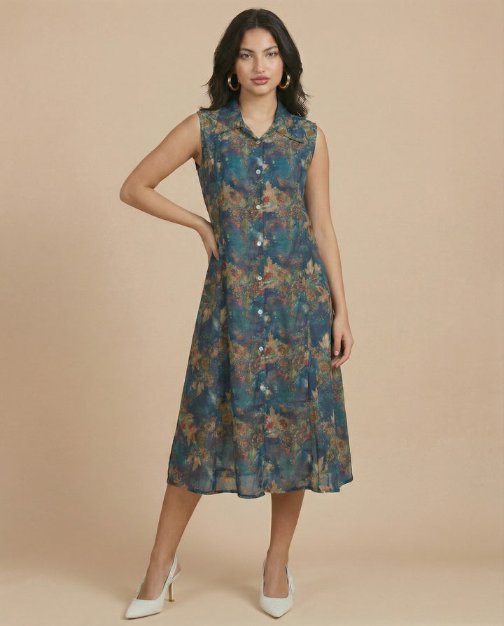 Blue Printed Viscose Blended Midi Dress