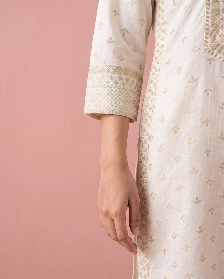 White Printed Cotton Straight cut Long Kurta