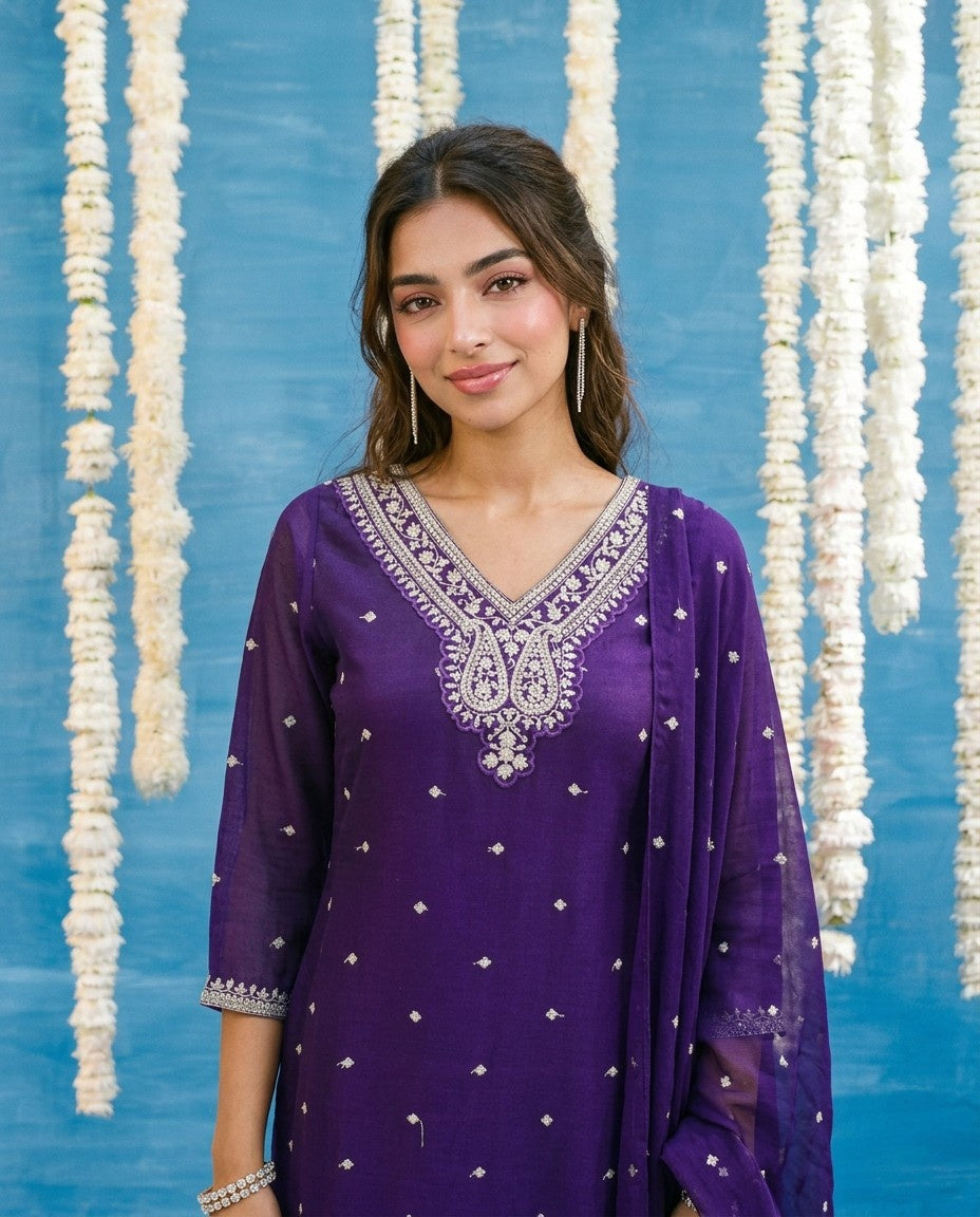 Purple Embriodered Silk Blended Kurta Bottom Dupatta Set