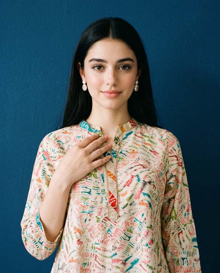White Printed Viscose BlendedShort Kurti