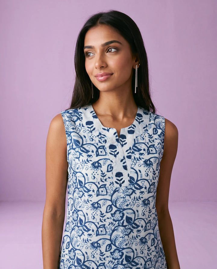 Blue Printed Pure Cotton Hand-Block Printed Midi Dress
