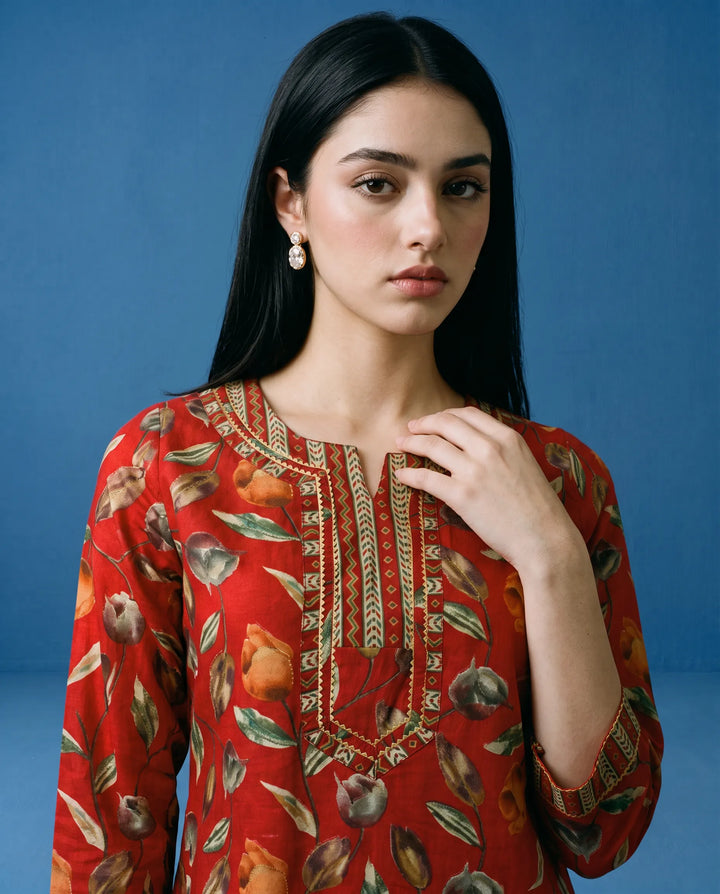 Red Printed Viscose Blended Short Kurti