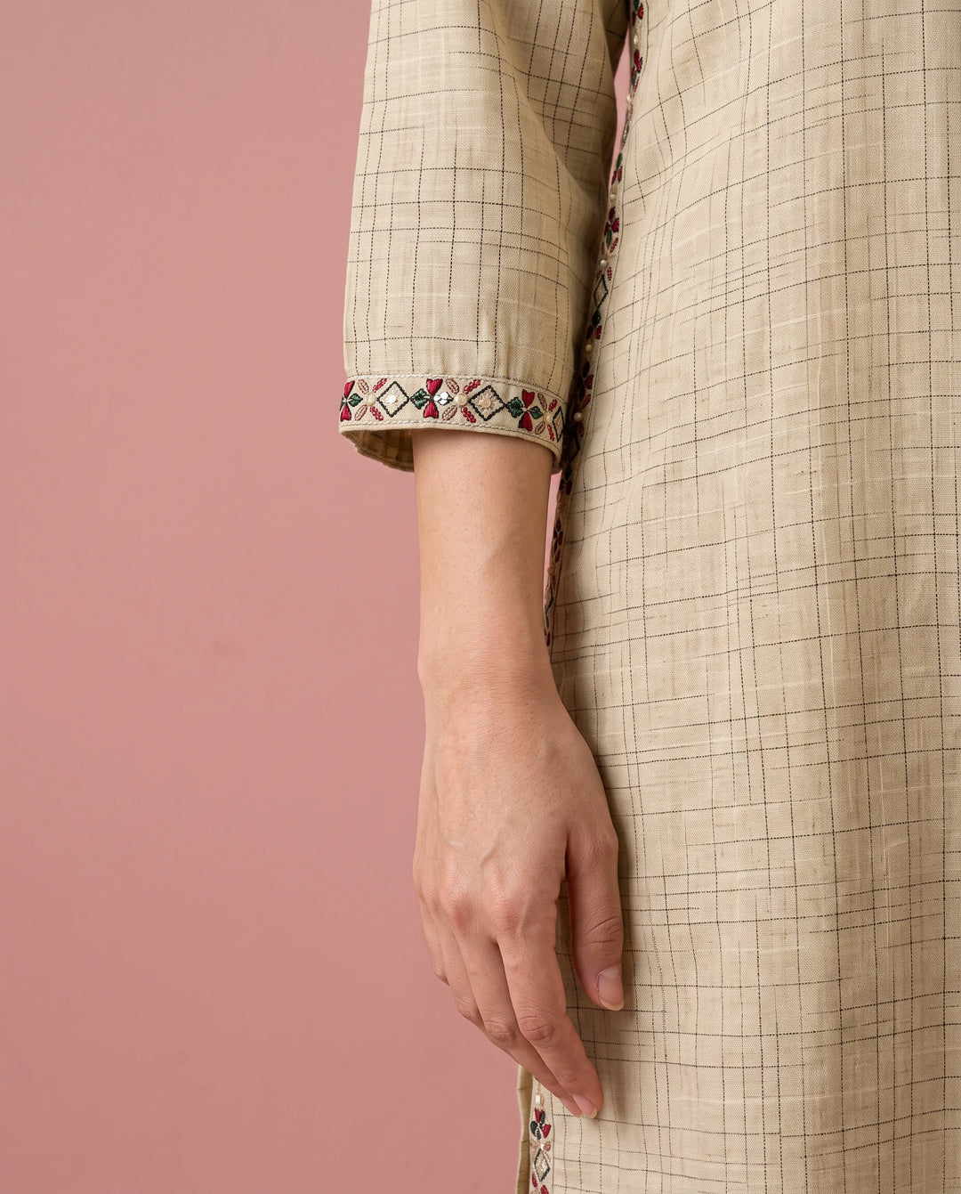 Beige Embroidered Cotton Straight cut Long Kurta