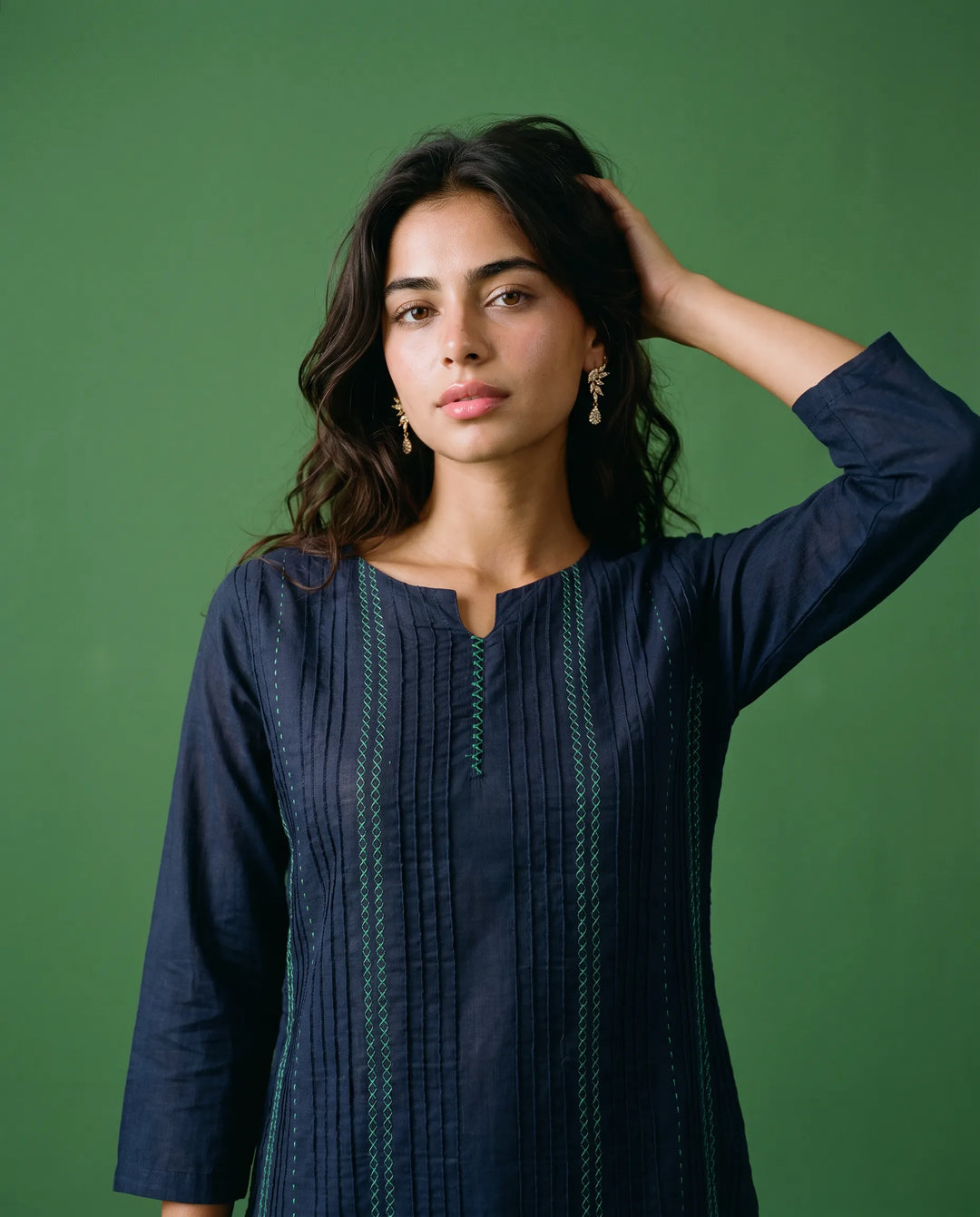 Navy Embroidered Cotton Straight cut Long Kurta